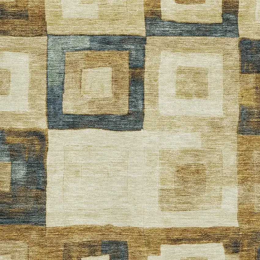 Beige Teal And Gold Geometric Washable Area Rug With UV Protection Photo 2
