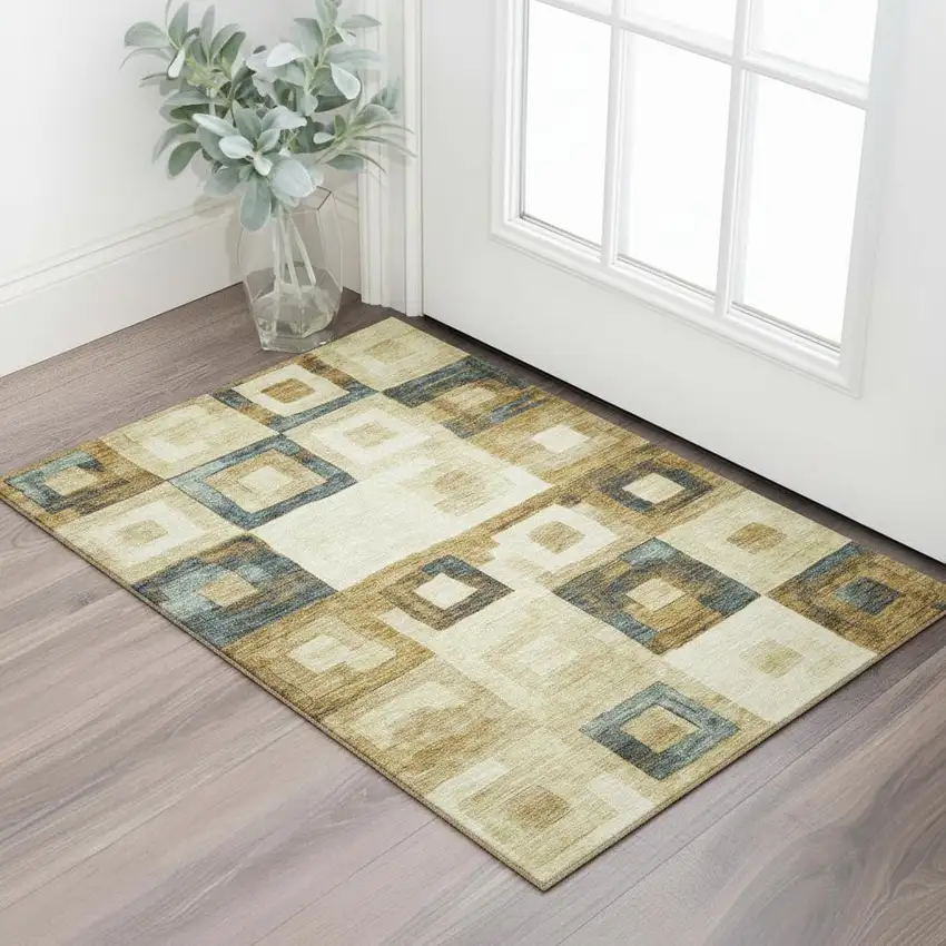 Beige Teal And Gold Geometric Washable Area Rug With UV Protection Photo 2