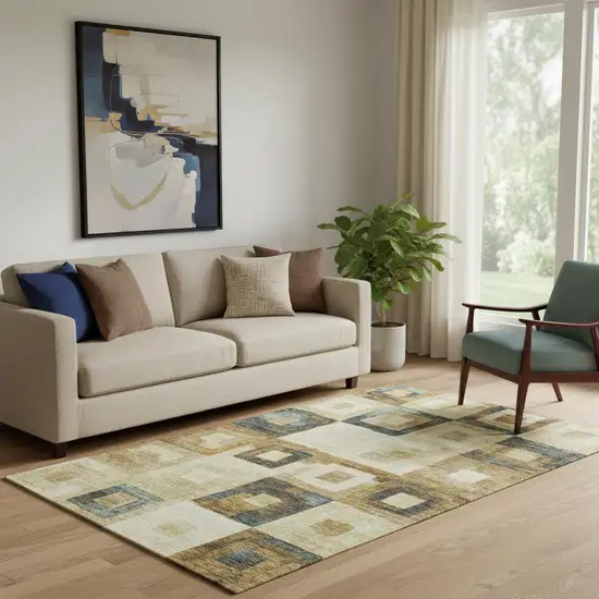 Beige Teal And Gold Geometric Washable Area Rug With UV Protection Photo 2