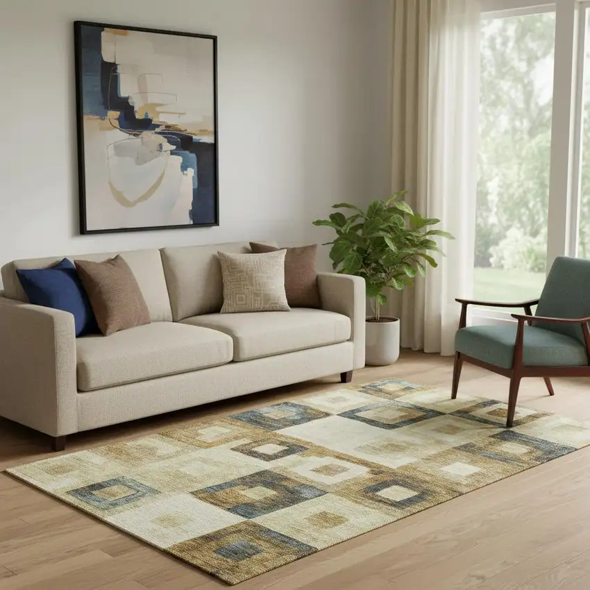 Beige Teal And Gold Geometric Washable Area Rug With UV Protection Photo 2