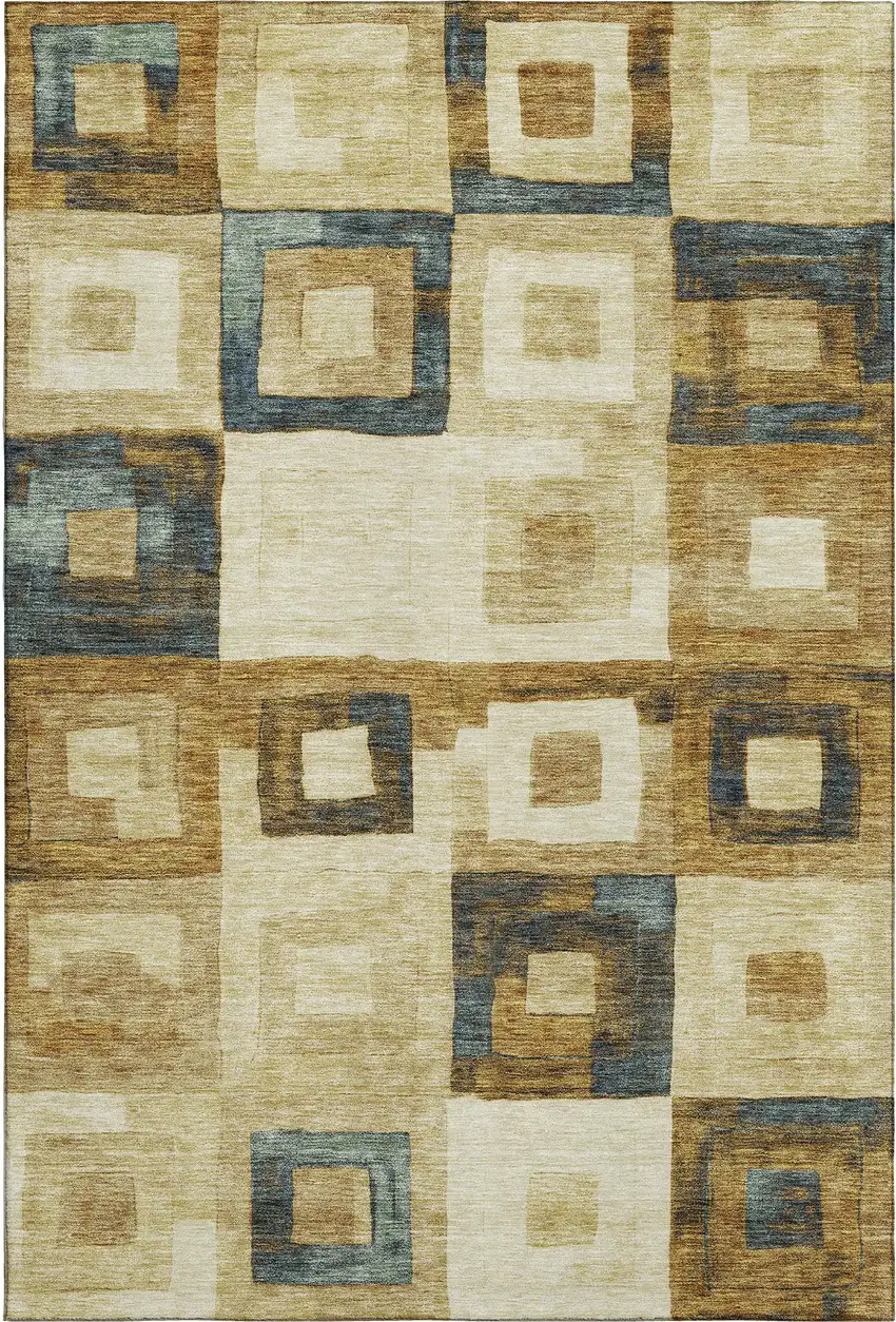 Beige Teal And Gold Geometric Washable Area Rug With UV Protection Photo 1