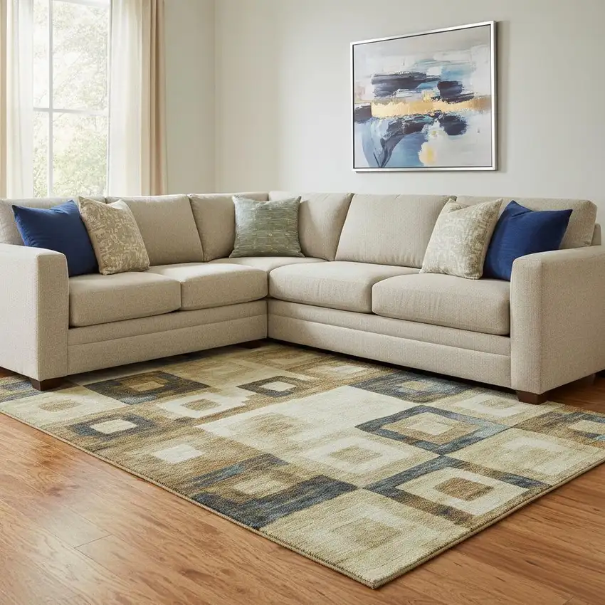 Beige Teal And Gold Geometric Washable Area Rug With UV Protection Photo 2