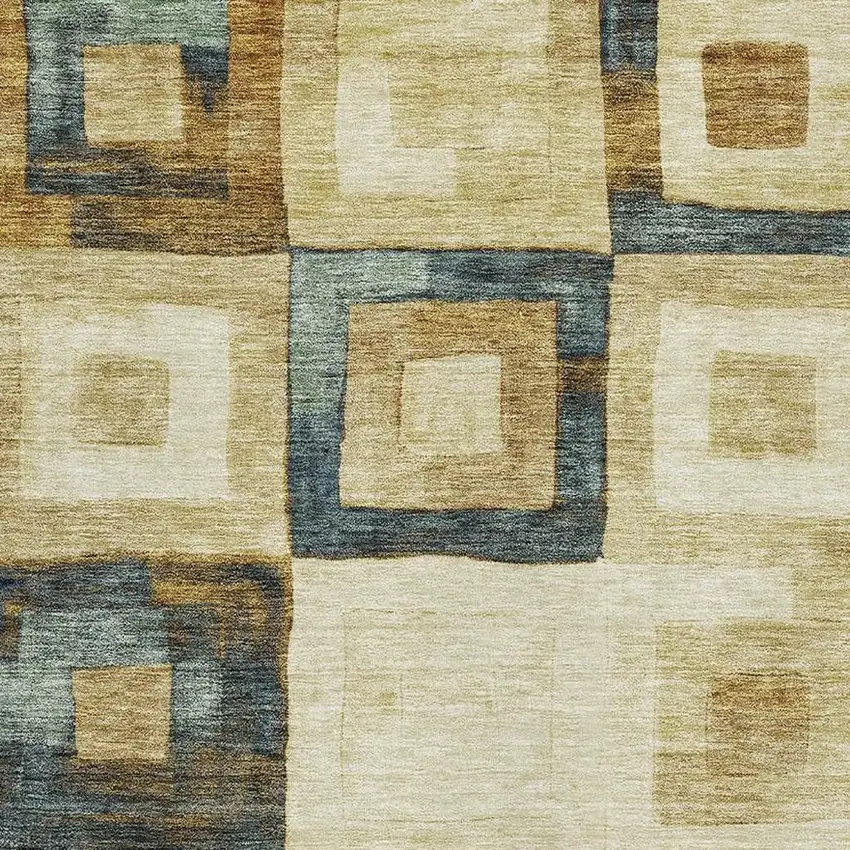 Beige Teal And Gold Geometric Washable Area Rug With UV Protection Photo 2