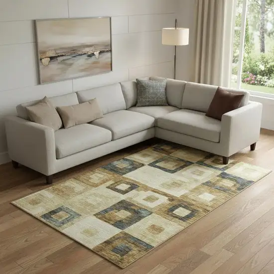 Beige Teal And Gold Geometric Washable Area Rug With UV Protection Photo 2