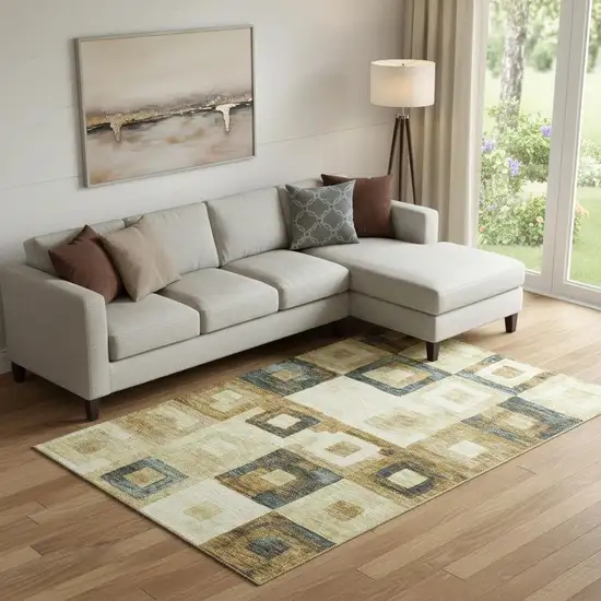 Beige Teal And Gold Geometric Washable Area Rug With UV Protection Photo 2