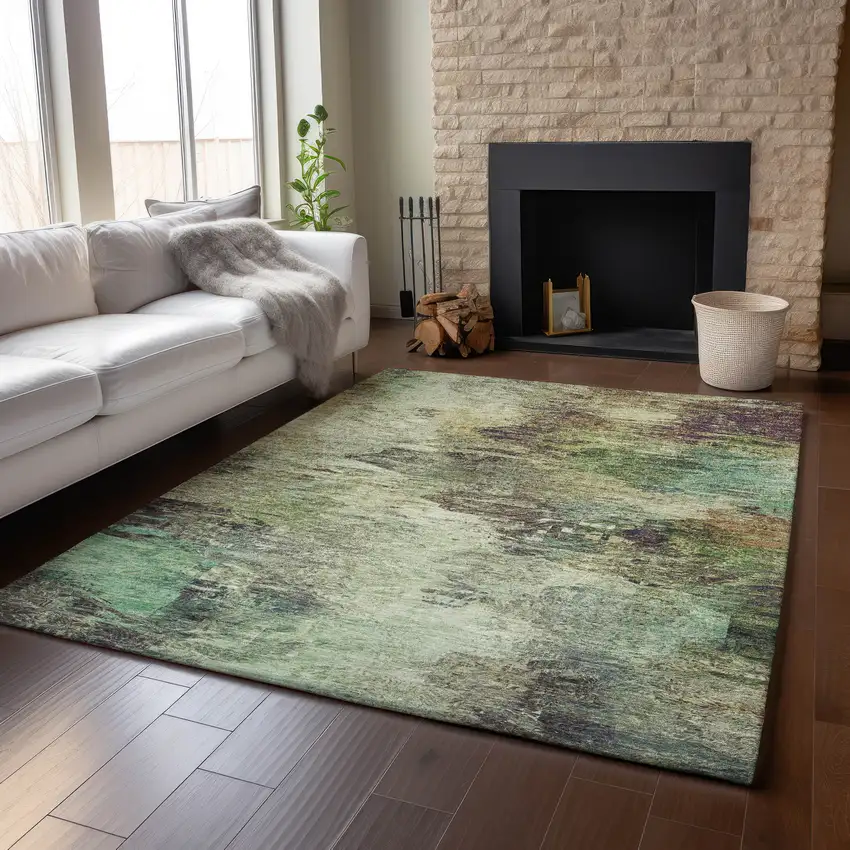 Beige Teal And Olive Green Abstract Washable Area Rug With UV Protection Photo 5