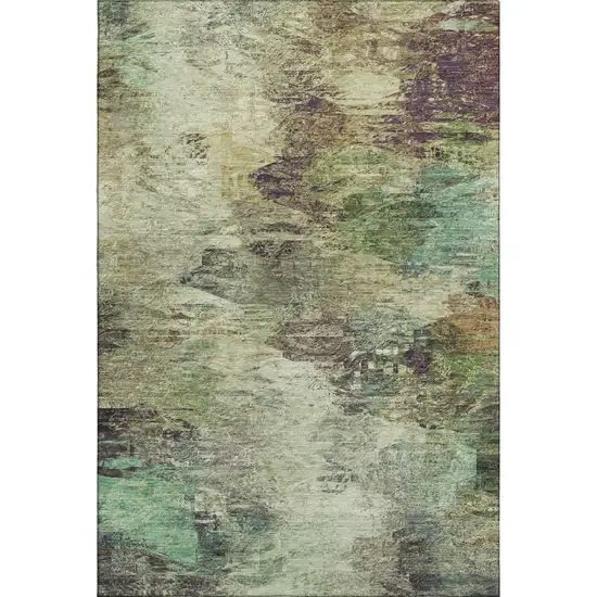 Beige Teal And Olive Green Abstract Washable Area Rug With UV Protection Photo 2