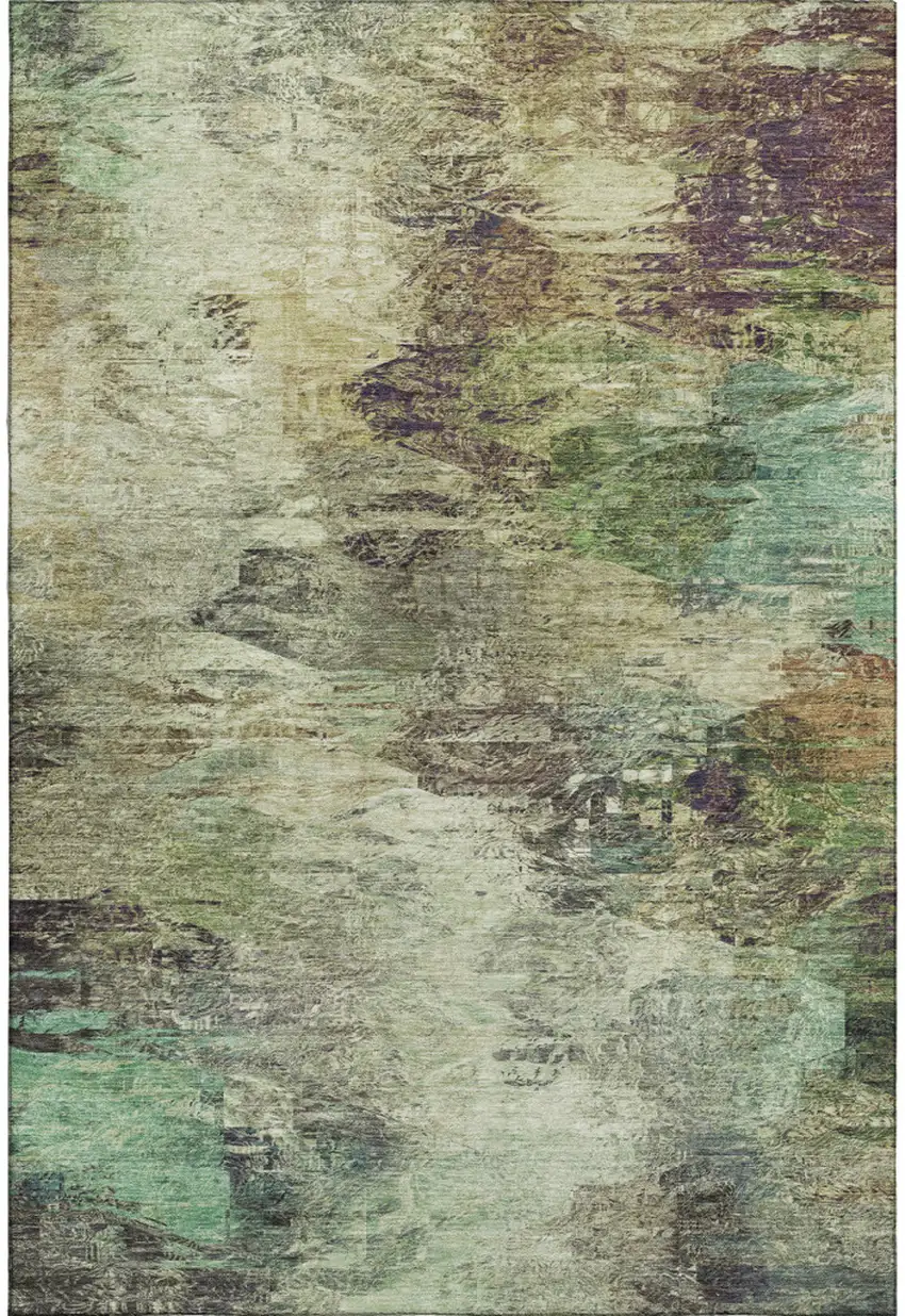 Beige Teal And Olive Green Abstract Washable Area Rug With UV Protection Photo 2