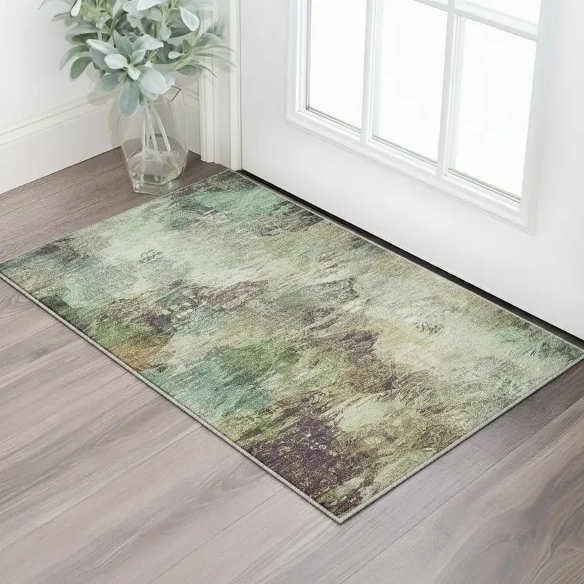 Beige Teal And Olive Green Abstract Washable Area Rug With UV Protection Photo 1