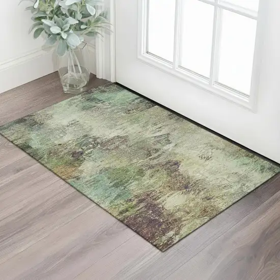 Beige Teal And Olive Green Abstract Washable Area Rug With UV Protection Photo 1