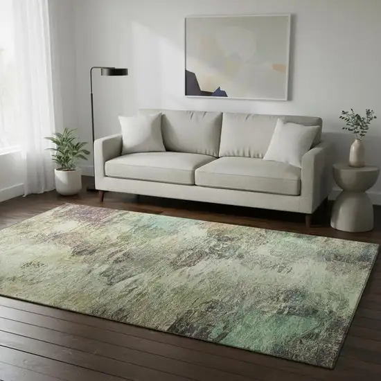 Beige Teal And Olive Green Abstract Washable Area Rug With UV Protection Photo 2