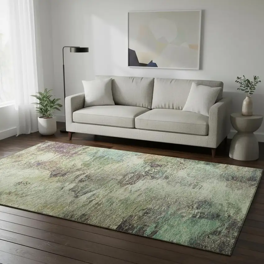 Beige Teal And Olive Green Abstract Washable Area Rug With UV Protection Photo 2