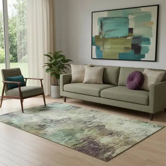 Beige Teal And Olive Green Abstract Washable Area Rug With UV Protection Photo 1