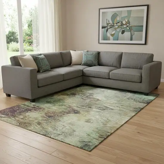 Beige Teal And Olive Green Abstract Washable Area Rug With UV Protection Photo 1