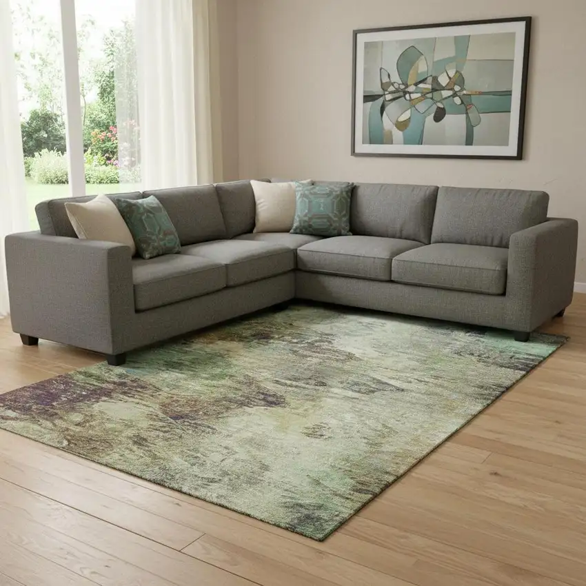 Beige Teal And Olive Green Abstract Washable Area Rug With UV Protection Photo 1