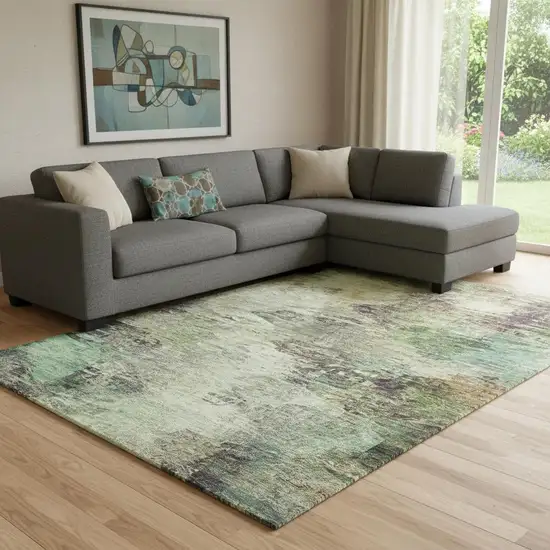 Beige Teal And Olive Green Abstract Washable Area Rug With UV Protection Photo 1
