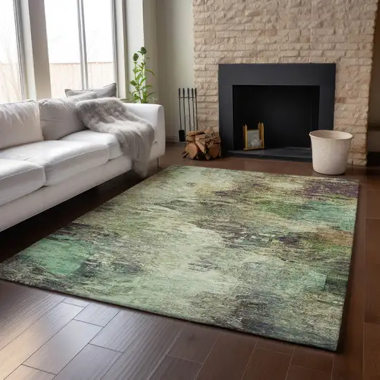 Beige Teal And Olive Green Abstract Washable Area Rug With UV Protection Photo 6