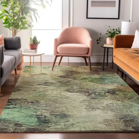 Beige Teal And Olive Green Abstract Washable Area Rug With UV Protection Photo 5