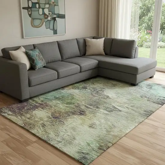 Beige Teal And Olive Green Abstract Washable Area Rug With UV Protection Photo 1