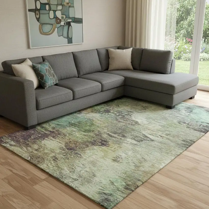 Beige Teal And Olive Green Abstract Washable Area Rug With UV Protection Photo 1