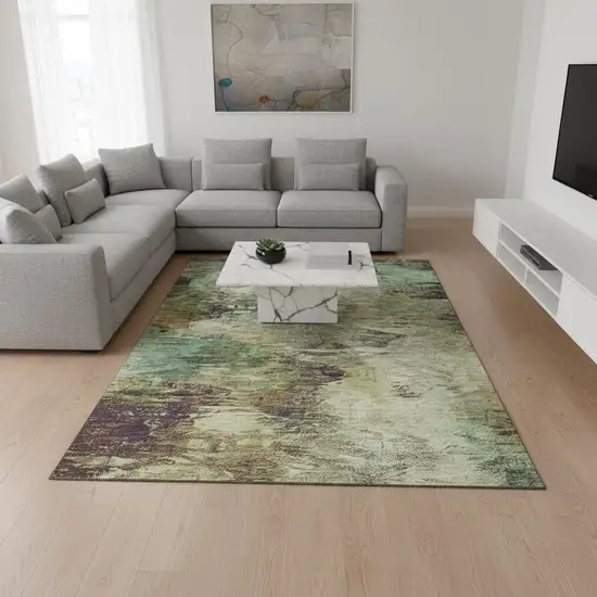 Beige Teal And Olive Green Abstract Washable Area Rug With UV Protection Photo 2