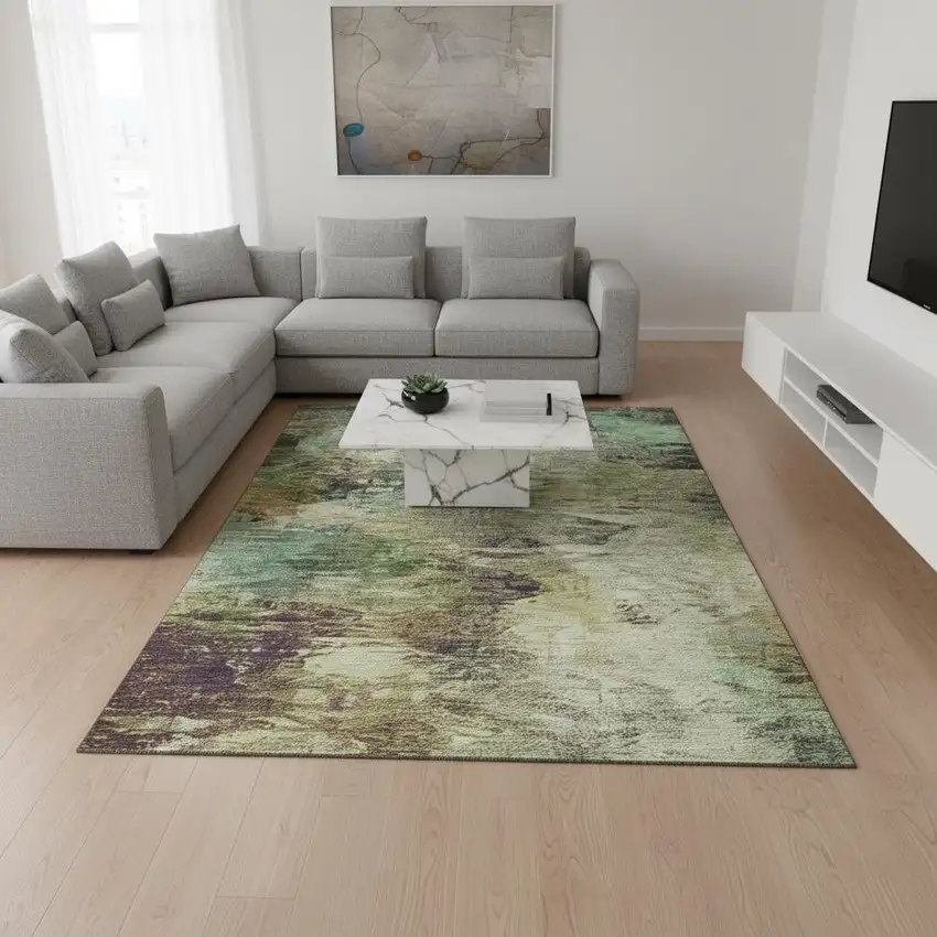 Beige Teal And Olive Green Abstract Washable Area Rug With UV Protection Photo 2