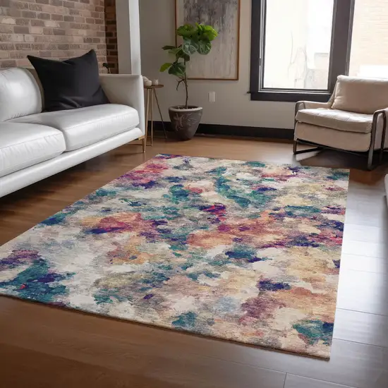Beige Teal Blue And Blush Abstract Washable Indoor Outdoor Area Rug Photo 9