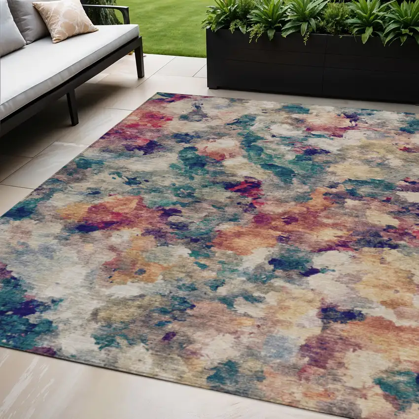Beige Teal Blue And Blush Abstract Washable Indoor Outdoor Area Rug Photo 2