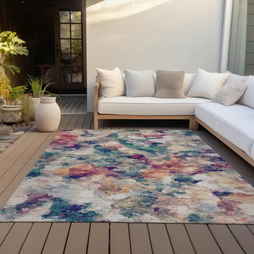 Beige Teal Blue And Blush Abstract Washable Indoor Outdoor Area Rug Photo 9