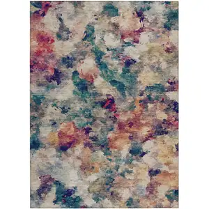Photo of Beige Teal Blue And Blush Abstract Washable Indoor Outdoor Area Rug