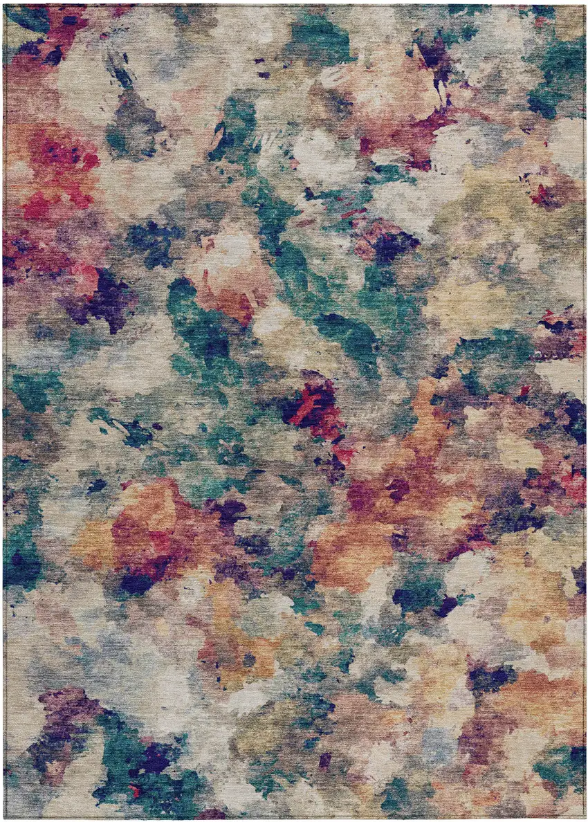 Beige Teal Blue And Blush Abstract Washable Indoor Outdoor Area Rug Photo 1