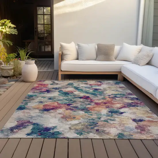 Beige Teal Blue And Blush Abstract Washable Indoor Outdoor Area Rug Photo 9
