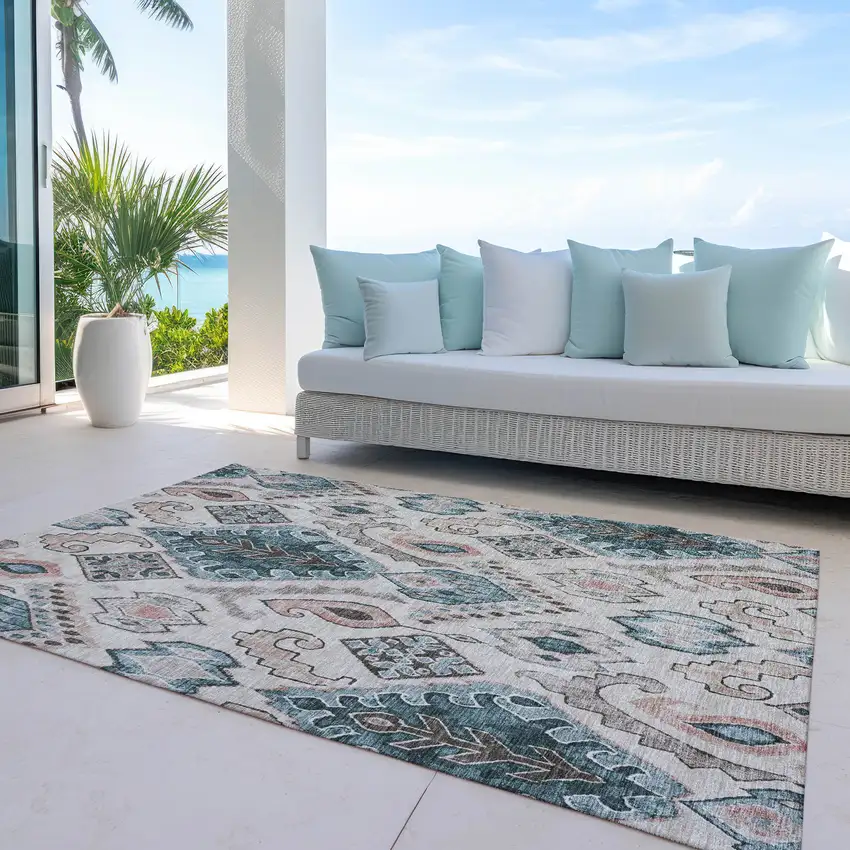 Beige Teal Blue And Copper Moroccan Washable Indoor Outdoor Area Rug Photo 9