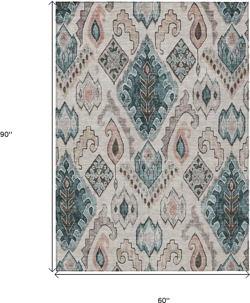 Beige Teal Blue And Copper Moroccan Washable Indoor Outdoor Area Rug Photo 3
