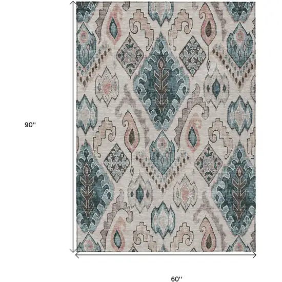 Beige Teal Blue And Copper Moroccan Washable Indoor Outdoor Area Rug Photo 3