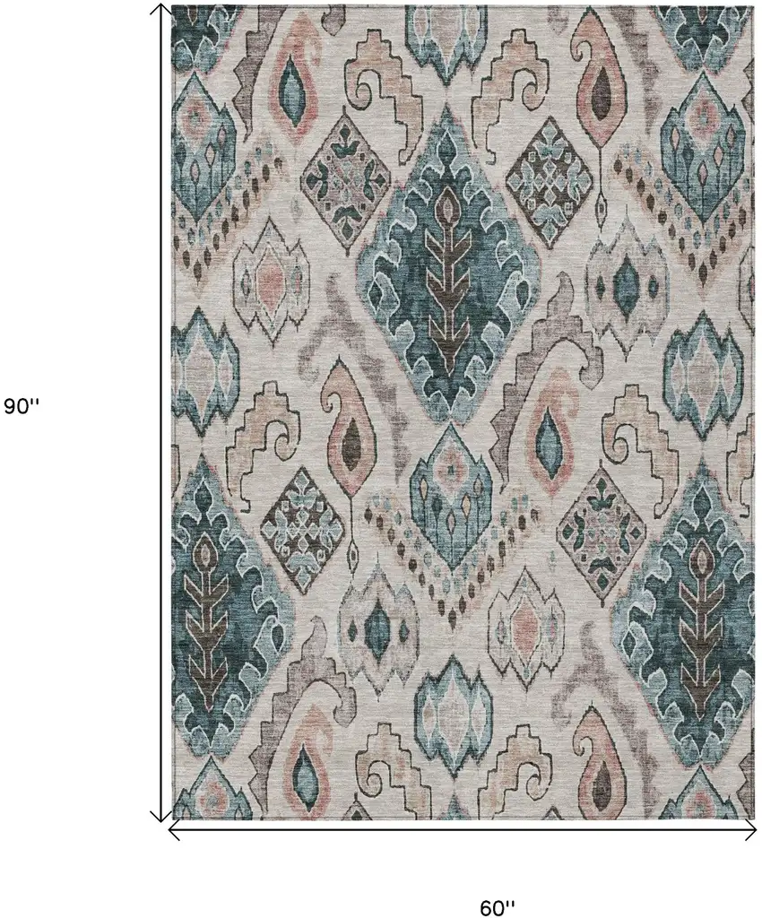 Beige Teal Blue And Copper Moroccan Washable Indoor Outdoor Area Rug Photo 3