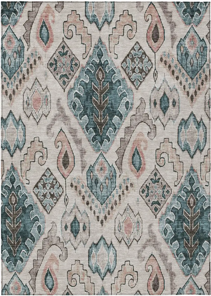 Beige Teal Blue And Copper Moroccan Washable Indoor Outdoor Area Rug Photo 2