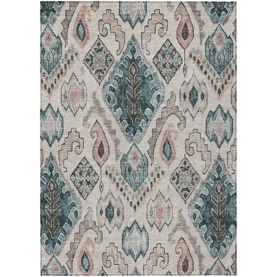Beige Teal Blue And Copper Moroccan Washable Indoor Outdoor Area Rug Photo 2