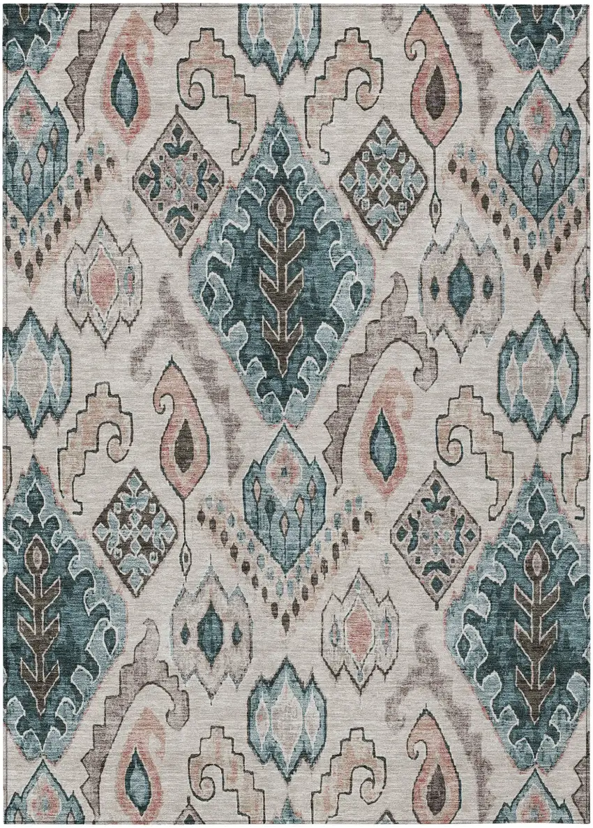 Beige Teal Blue And Copper Moroccan Washable Indoor Outdoor Area Rug Photo 2