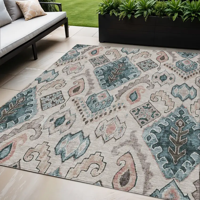 Beige Teal Blue And Copper Moroccan Washable Indoor Outdoor Area Rug Photo 1
