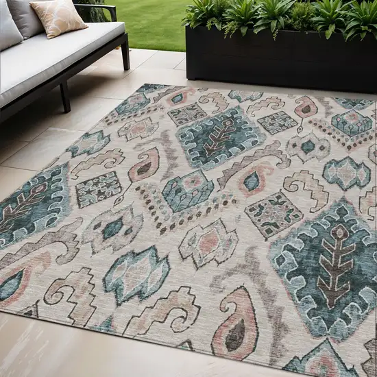 Beige Teal Blue And Copper Moroccan Washable Indoor Outdoor Area Rug Photo 1