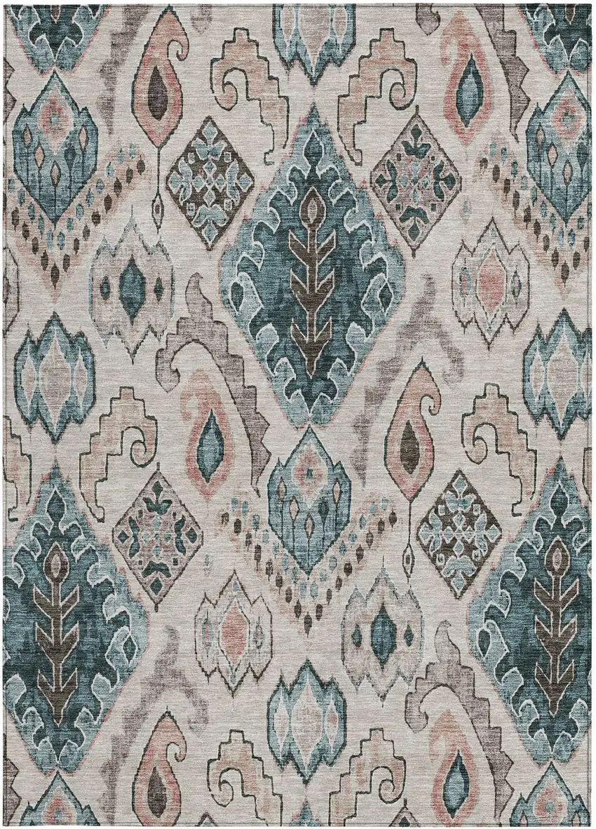 Beige Teal Blue And Copper Moroccan Washable Indoor Outdoor Area Rug Photo 8