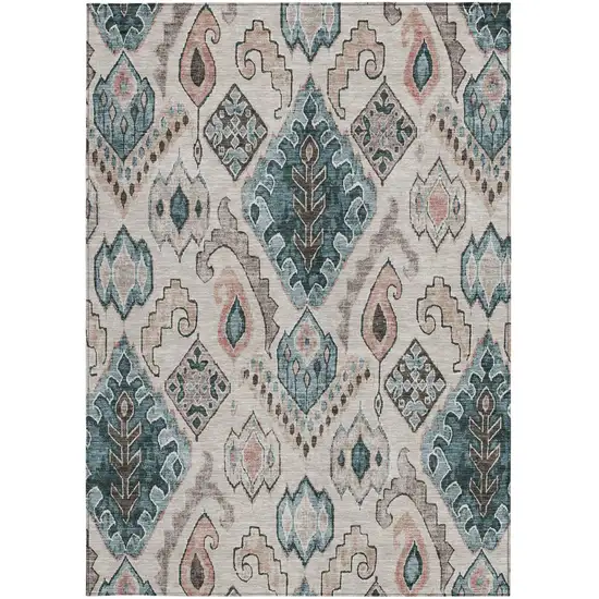 Beige Teal Blue And Copper Moroccan Washable Indoor Outdoor Area Rug Photo 8