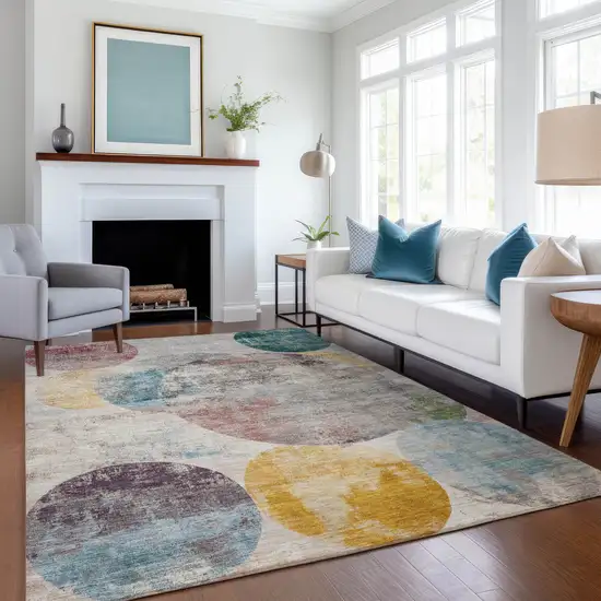 Beige Teal Blue And Gold Geometric Washable Indoor Outdoor Area Rug Photo 6