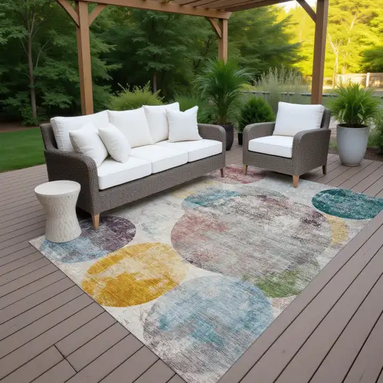 Beige Teal Blue And Gold Geometric Washable Indoor Outdoor Area Rug Photo 7