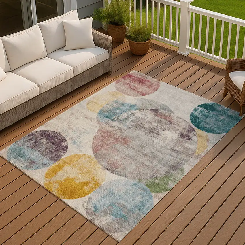 Beige Teal Blue And Gold Geometric Washable Indoor Outdoor Area Rug Photo 3