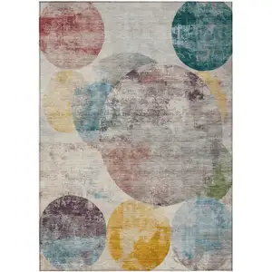 Photo of Beige Teal Blue And Gold Geometric Washable Indoor Outdoor Area Rug