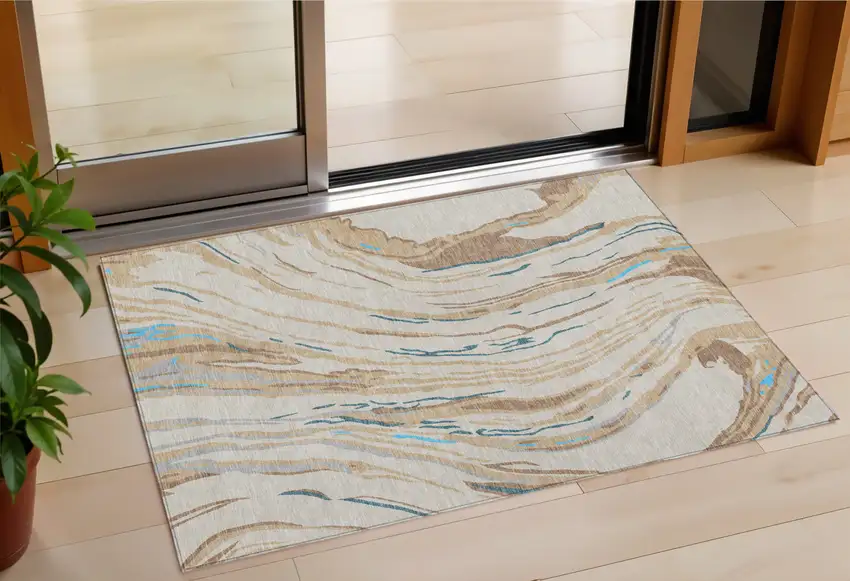 Beige Teal Blue And Ivory Abstract Washable Indoor Outdoor Area Rug Photo 1