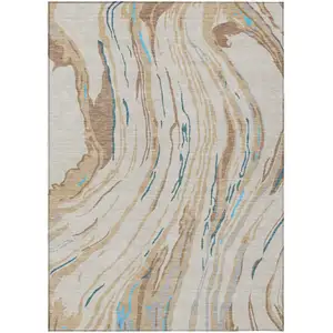 Photo of Beige Teal Blue And Ivory Abstract Washable Indoor Outdoor Area Rug