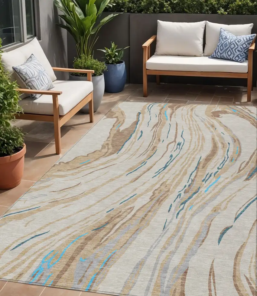 Beige Teal Blue And Ivory Abstract Washable Indoor Outdoor Area Rug Photo 1